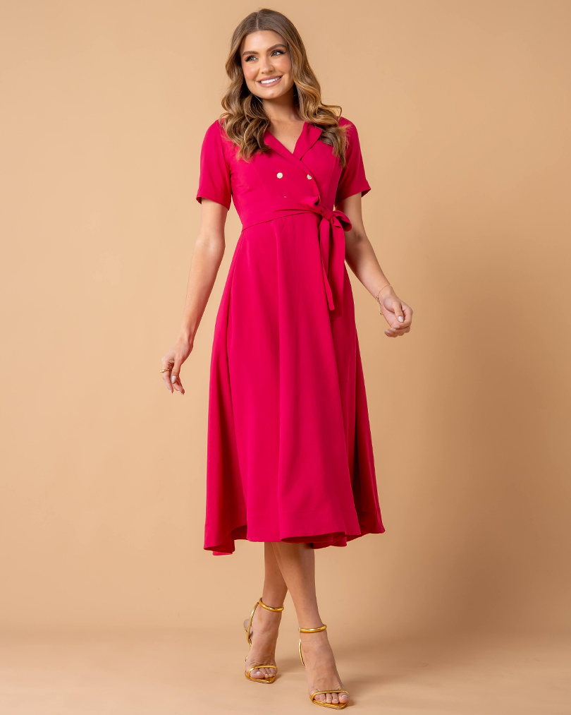 その他 *STELLA* Vestido Midi de Viscose com Lapela Trespassada Rosa - Stella Maris