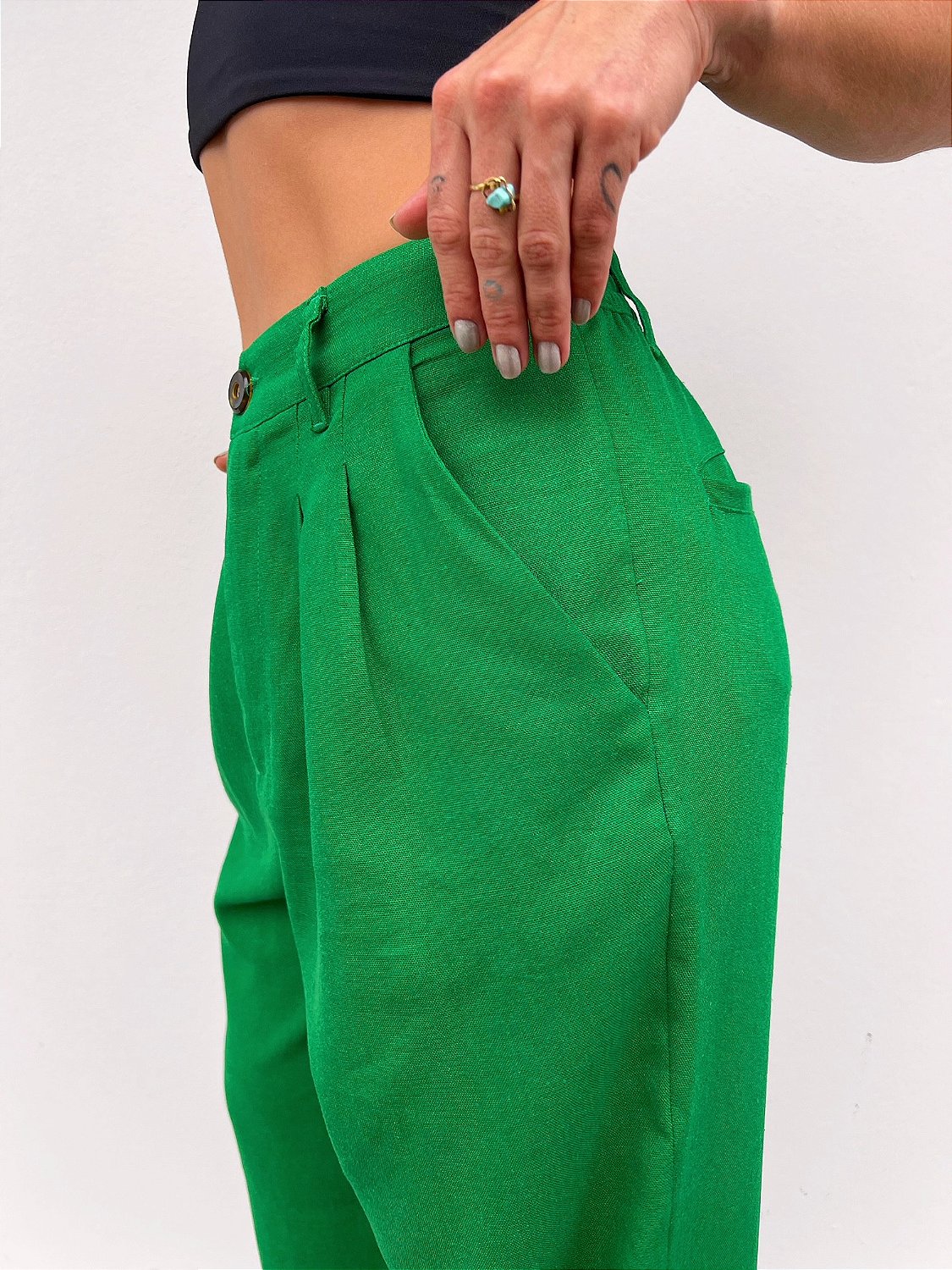 Calça Alfaiataria Linho Pantalona Verde Kate - Mini Moni