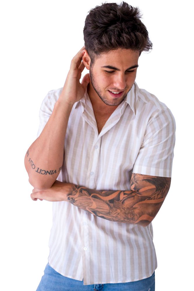 Camisa masculina listrada branca e bege - YA! CLOTHING | Shop Online