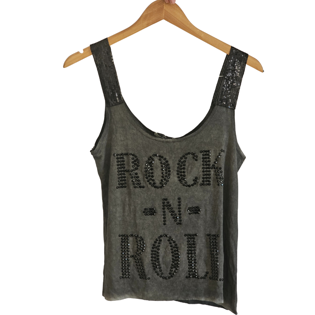 Regata ROCK N ROLL com pedrarias preta e alça de paetês