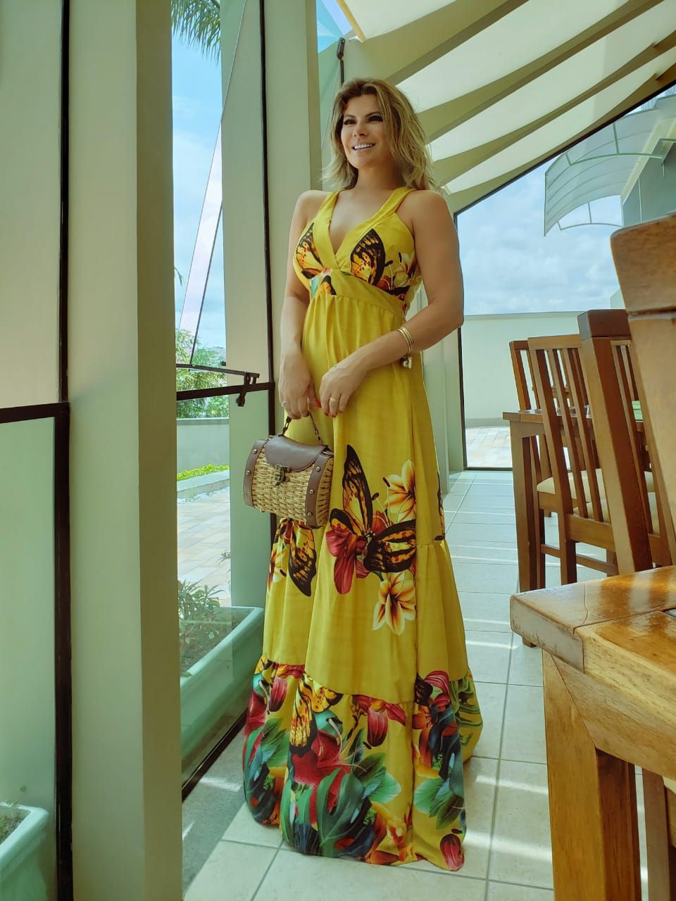 Vestido longo estampado em viscose - Amarelo - Madame Ninna - loja online  de confeccções femininas