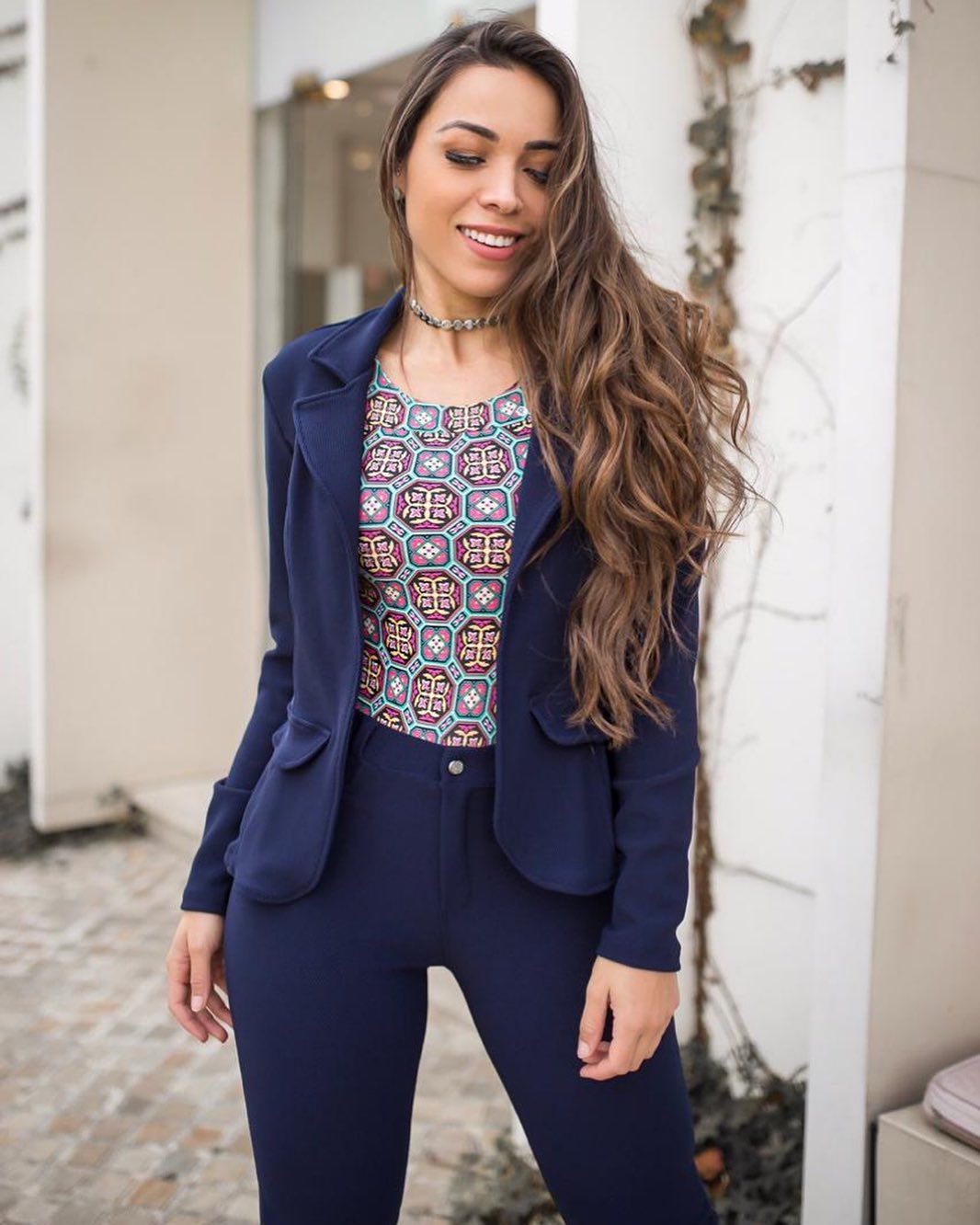 Blazer em jacquard pop - Azul marinho - Madame Ninna - loja online