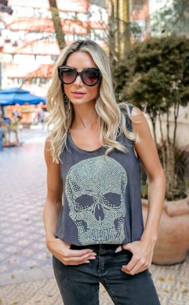 Regata com pedraria Caveira cinza Madame Ninna loja online