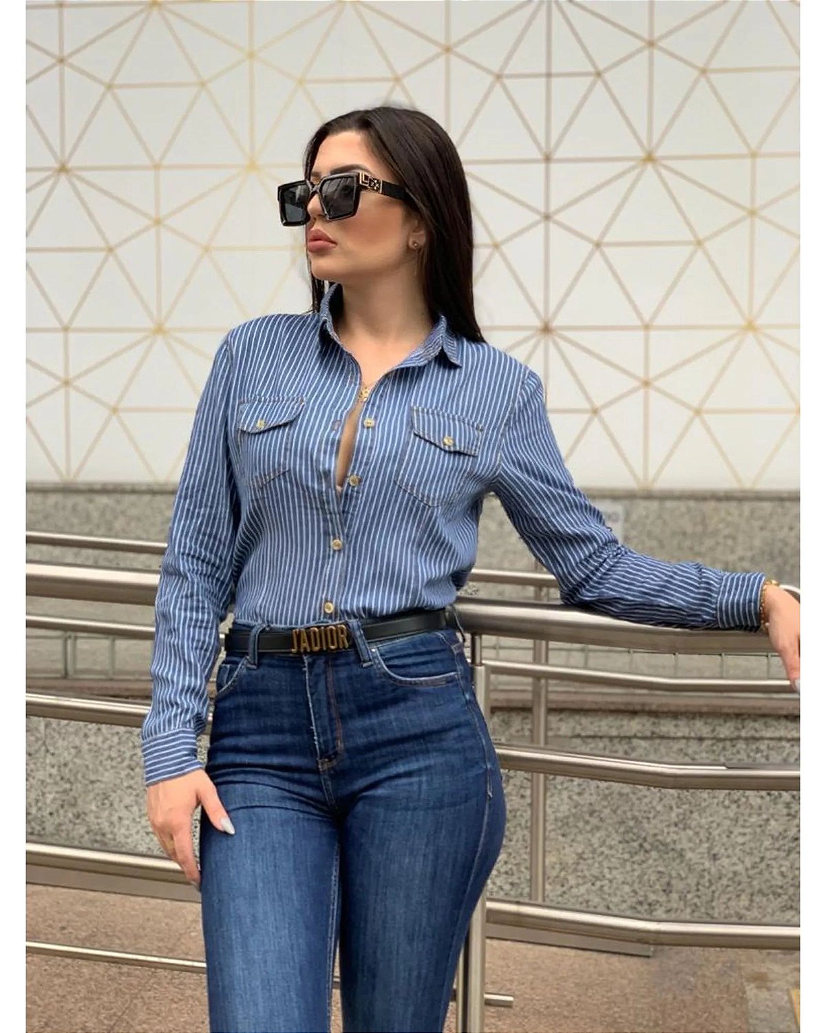 Camisa feminina jeans listrada - Madame Ninna - loja online de confeccções  femininas