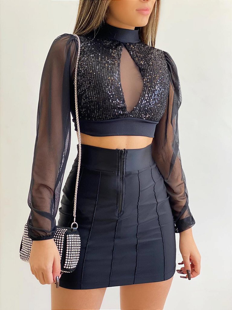 Cropped Corset Paetê e Tule Path Trend