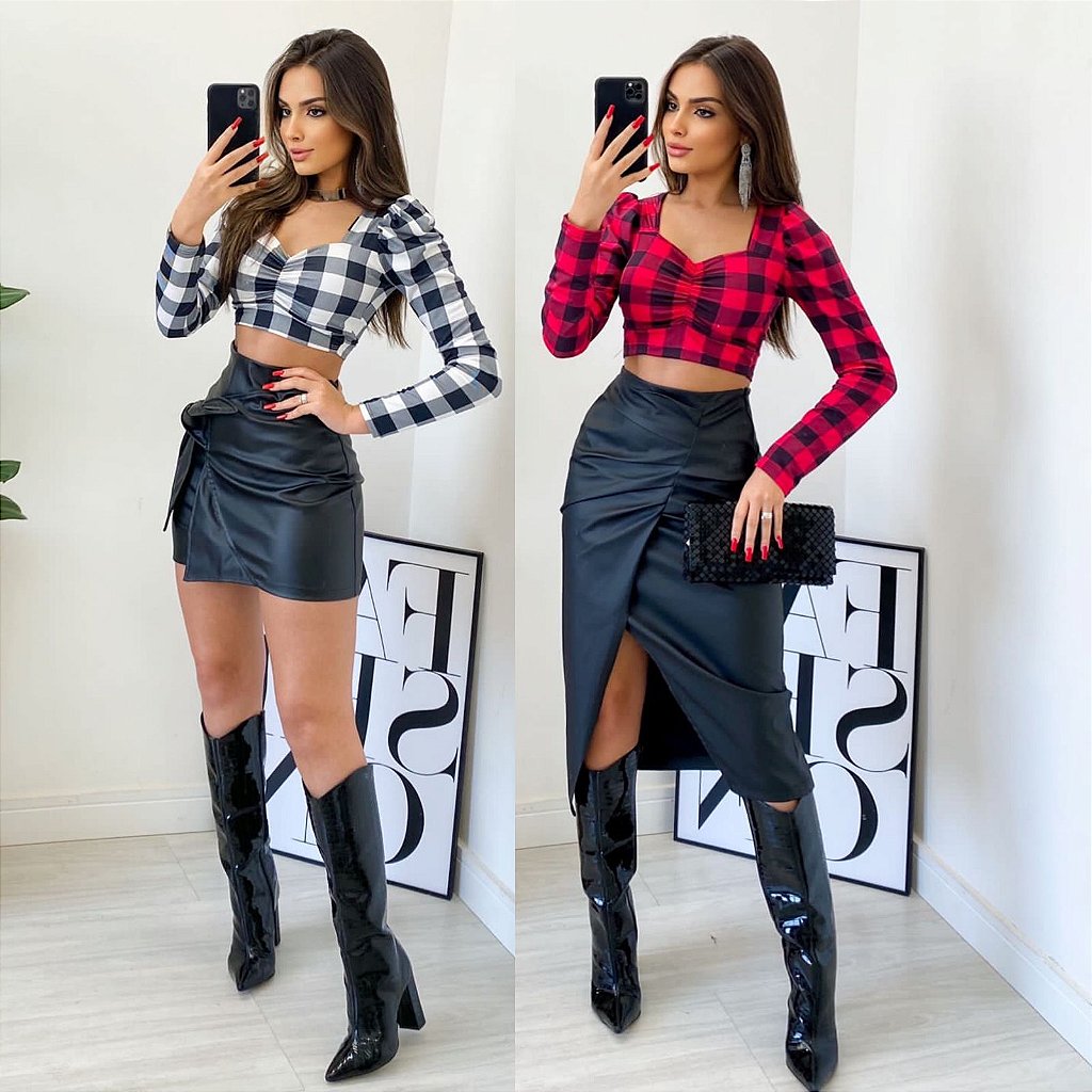 Conjunto Feminino com Estampa Xadrez Cropped Curta com Manga Longa com Saia  Moda Inverno Macia