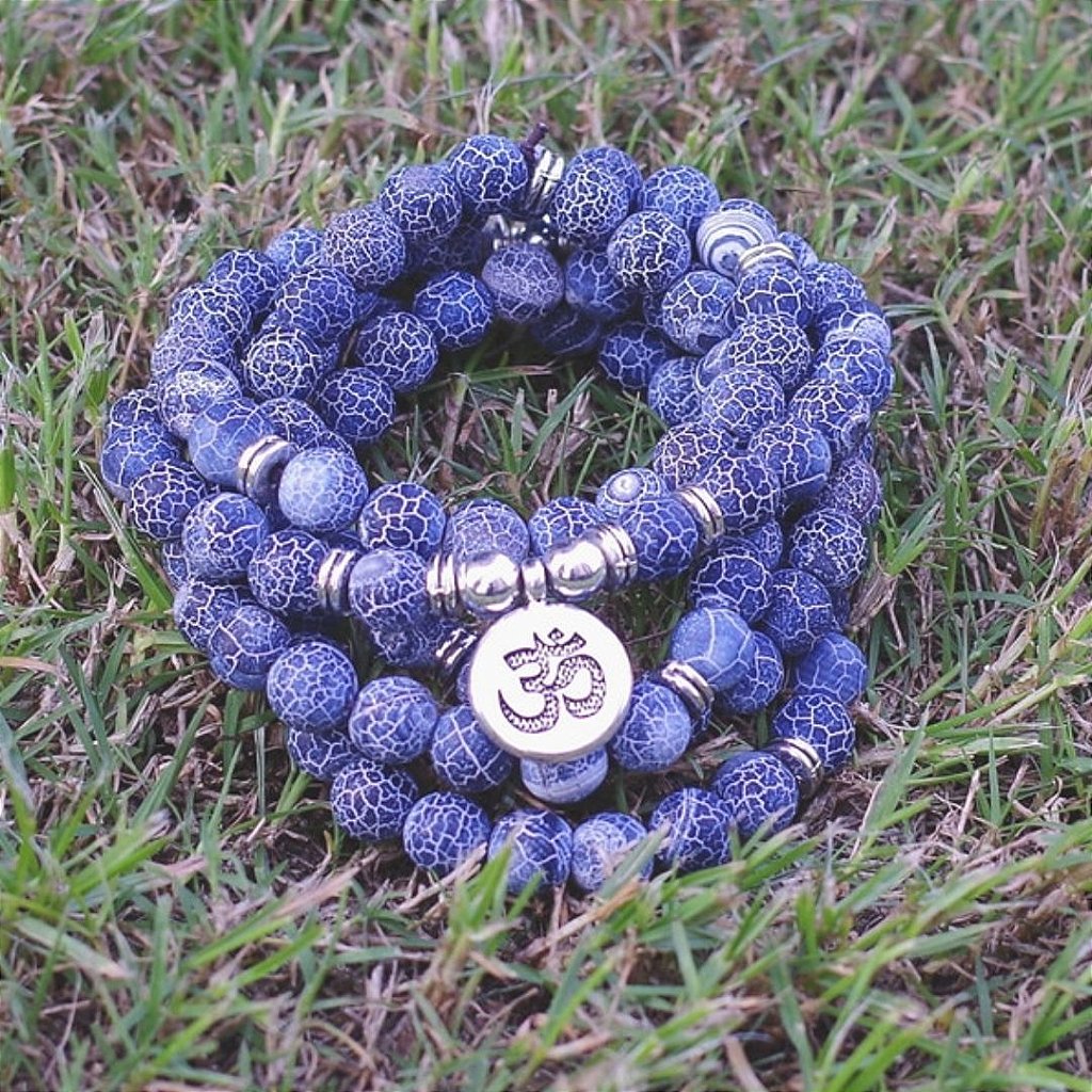 Japamala BRACELETE ÁGATA CRAQUELADA AZUL 108 contas de 8mm com OM