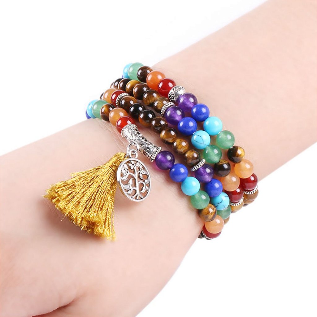Japamala BRACELETE OLHO DE TIGRE E PEDRAS DOS 7 CHAKRAS 108 contas