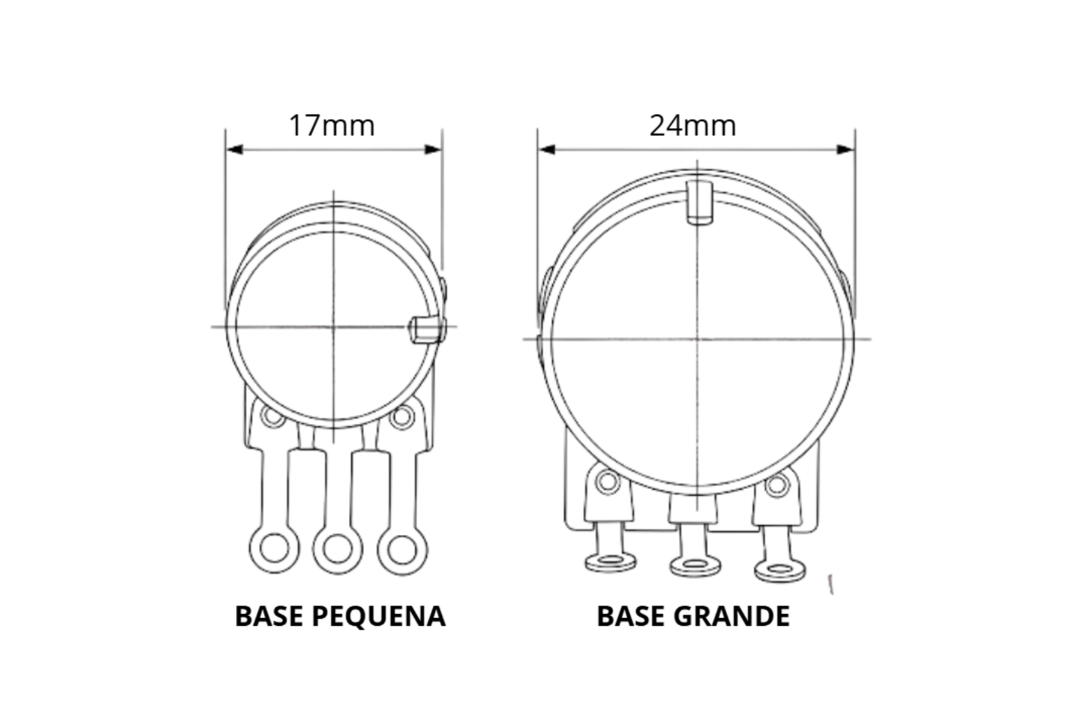 Comparação entre mini pot de 16mm e potenciômetro full size de 24mm
