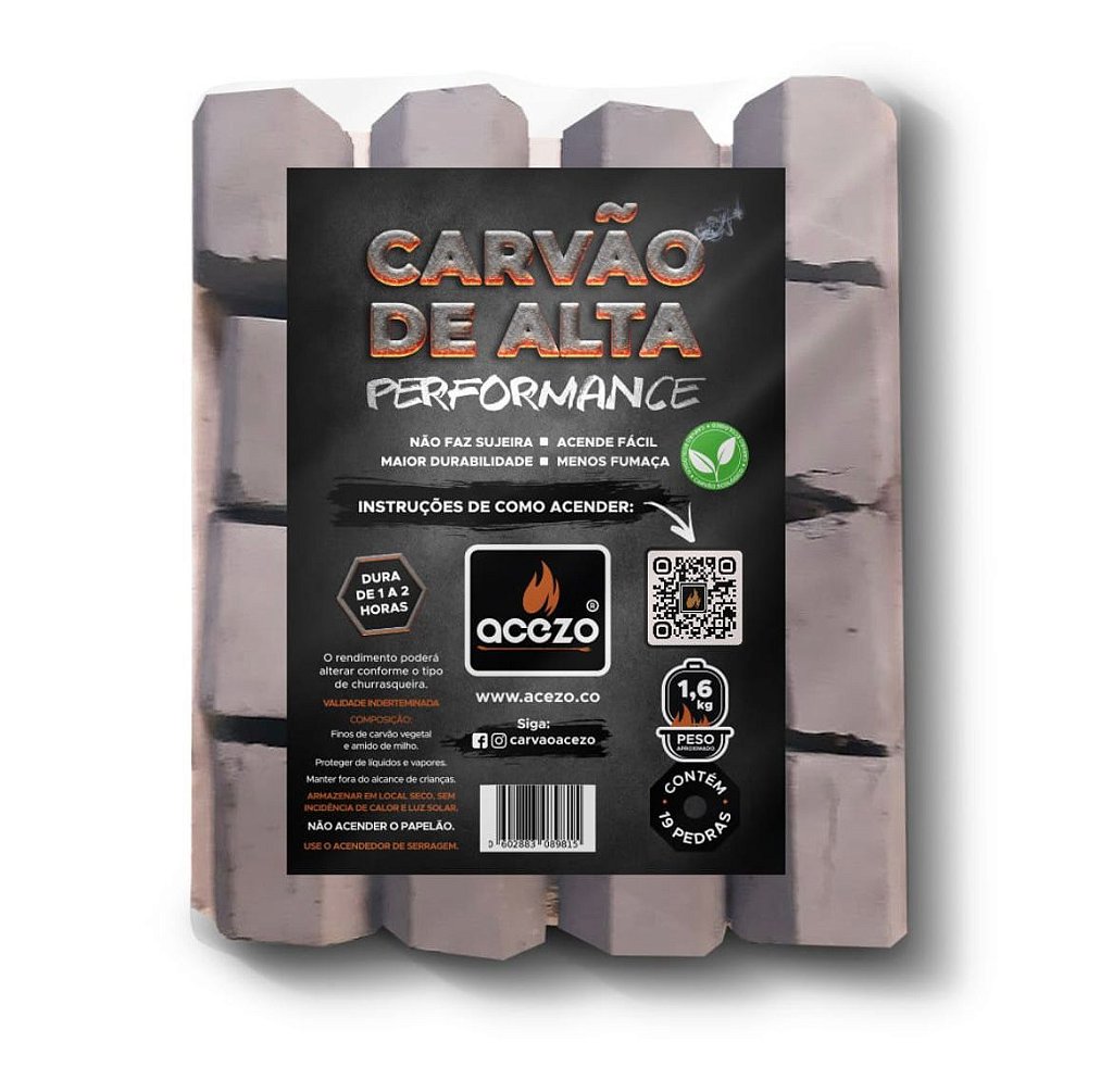 CARVÃO (POUCA FUMAÇA) BRIQUETE COM ACENDEDOR - ACEZO - 1,6kg - e-beef l  Tudo para o seu churrasco