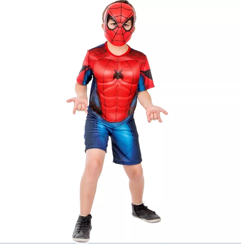 Fantasia infantil com máscara Homem Aranha vermelho