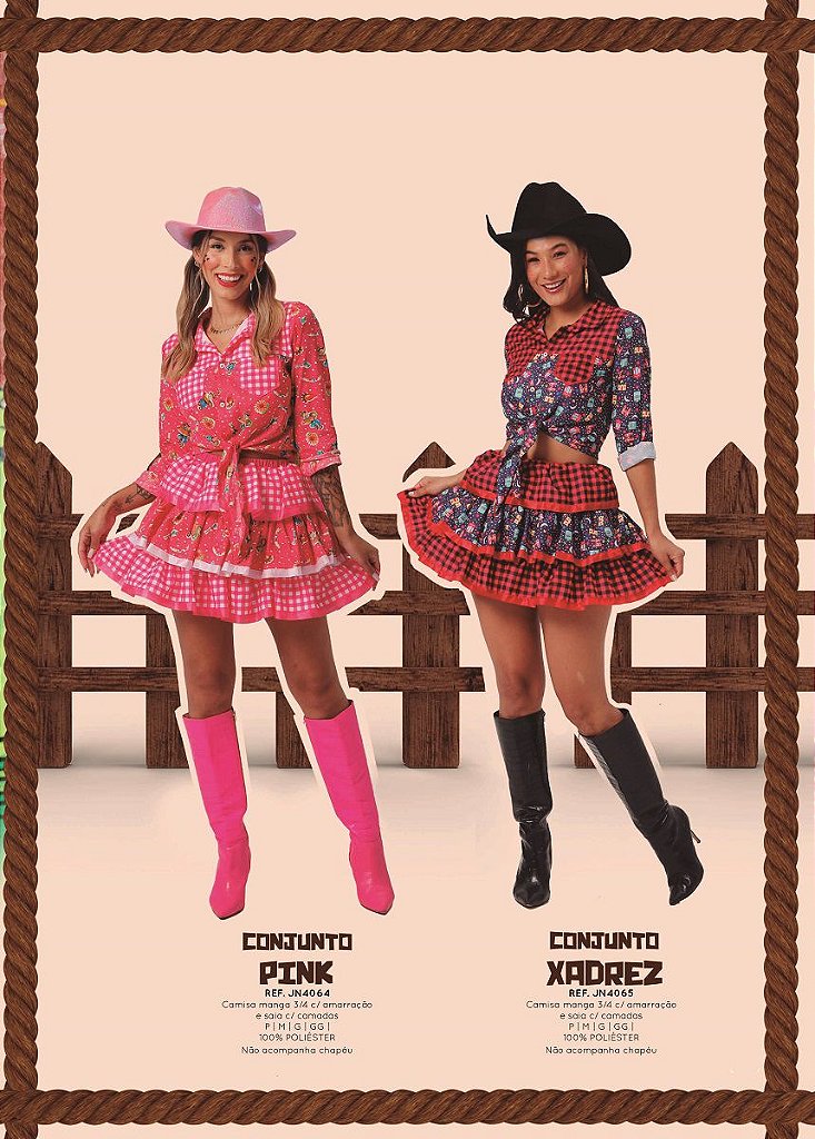 Saia Xadrez Festa Junina Adulto Conjunto Camisa e Saia Rosa - 7 Artes BrinQ  Fantasias