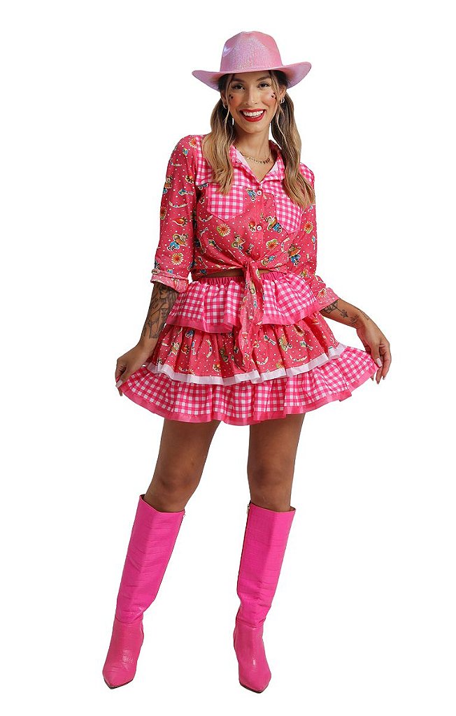 Saia Xadrez Festa Junina Adulto Conjunto Camisa e Saia Rosa - 7 Artes BrinQ  Fantasias