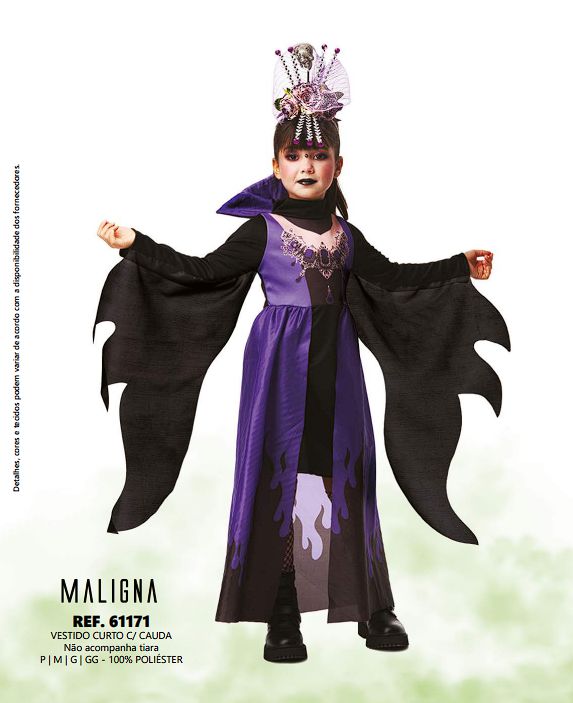 Vestido Fantasia Infantil Feminina Halloween Vampira Tiara e Asa