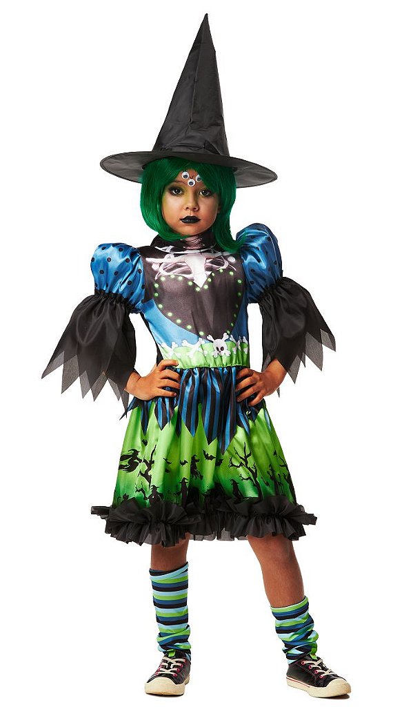 Fantasia Halloween Feminina Infantil Bruxinha Vestido de Bruxa