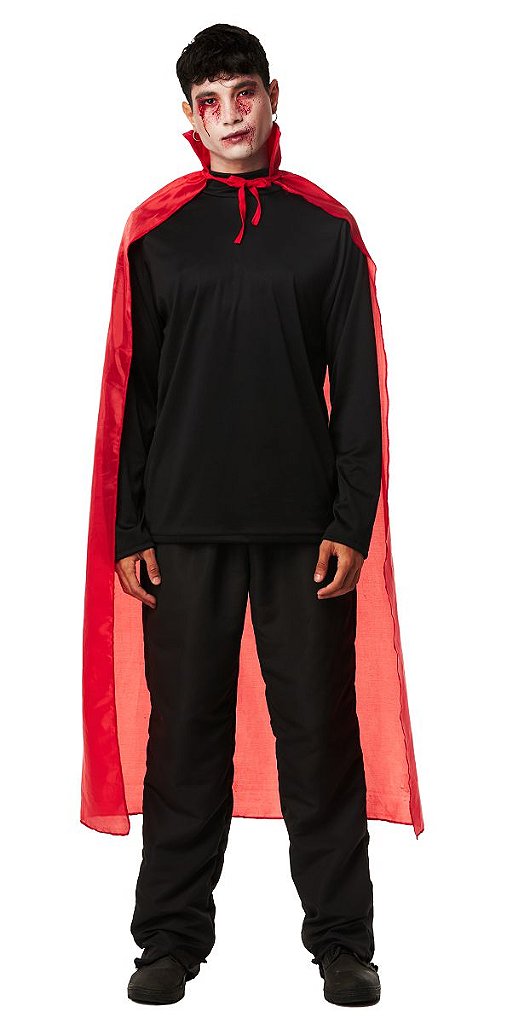 Fantasia de Vampiro masculina moderna com capa vermelha e preta