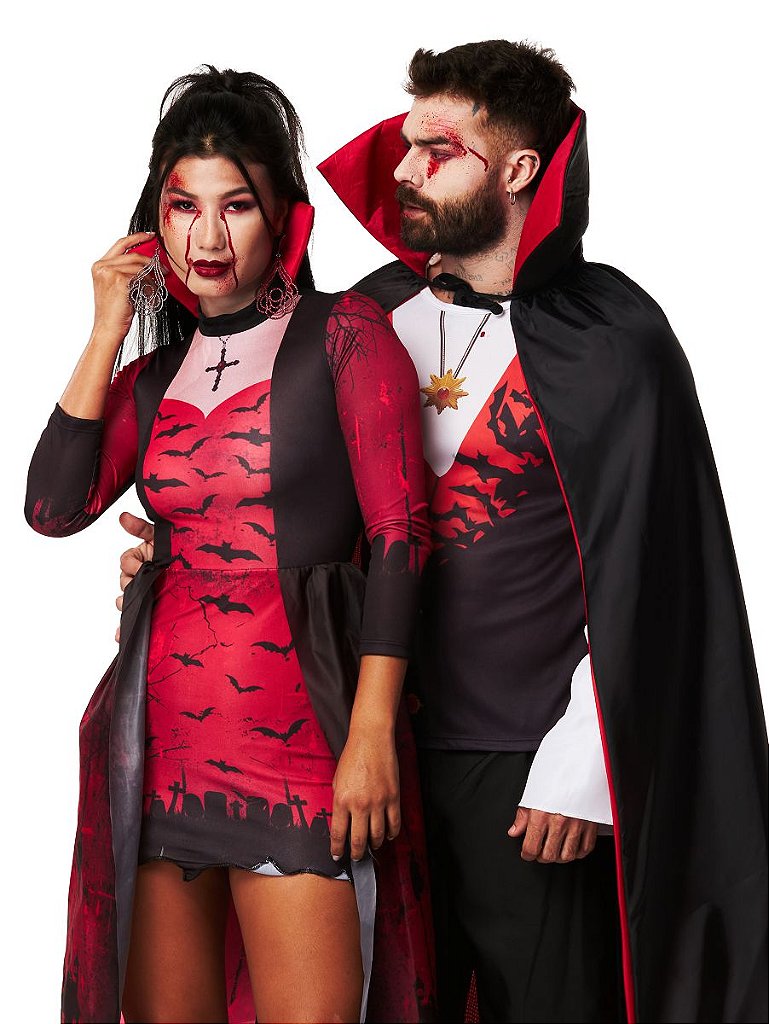 Fantasia de Halloween Masculina Adulto Vampiro de Luxo Com Capa e