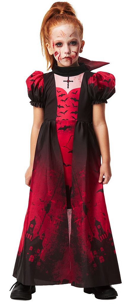 Fantasia Infantil Vampira Luxo Vestido Longo Festa Halloween