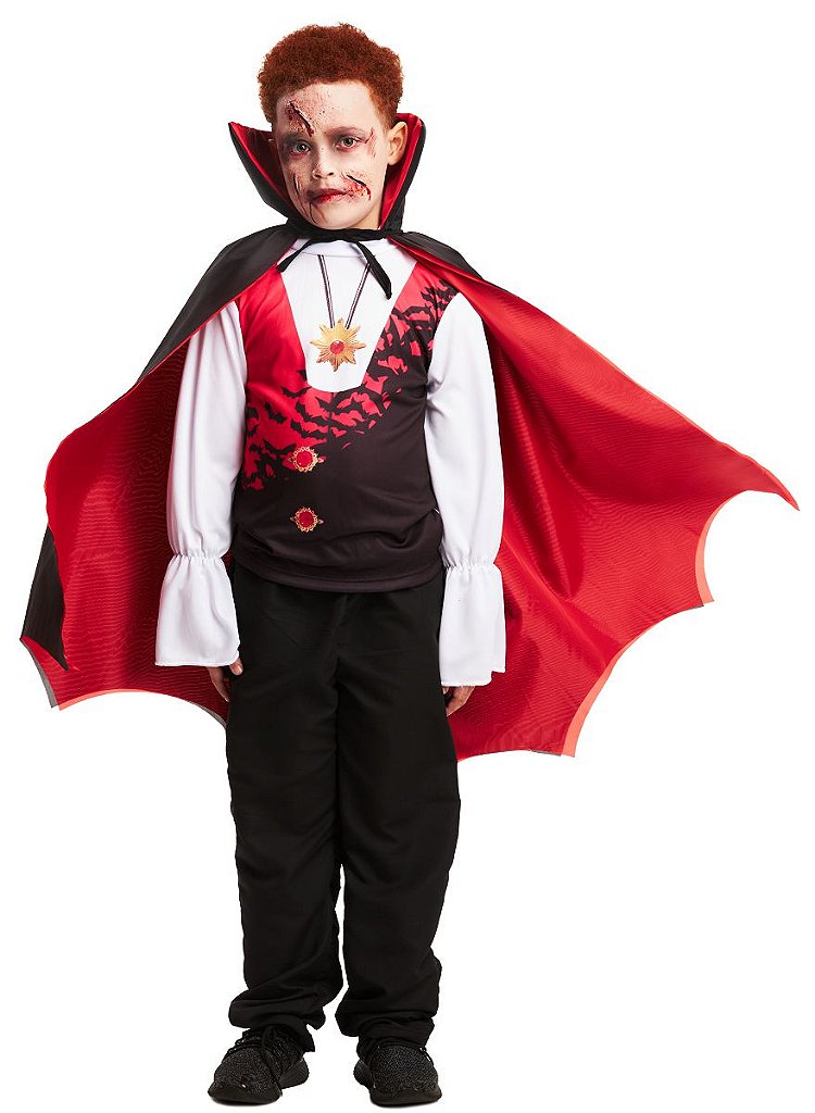 Fantasia Drácula Vampiro Halloween Infantil Roupa + Capa Top em