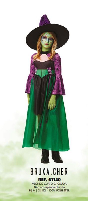 Fantasia Halloween Feminina Infantil Bruxinha Vestido de Bruxa