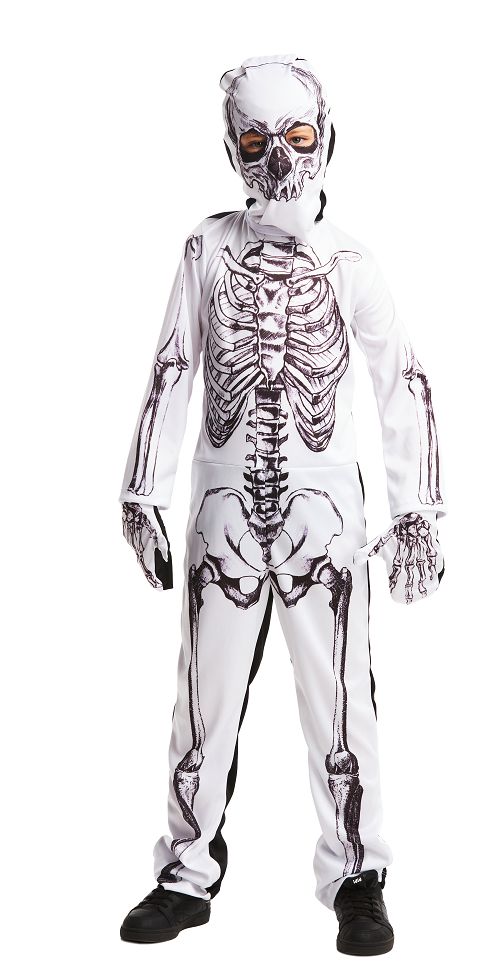 Menino com fantasia de esqueleto no carnaval de halloween em um