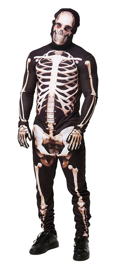 Fantasia de Halloween Feminina Esqueleto com Capuz e Luvas