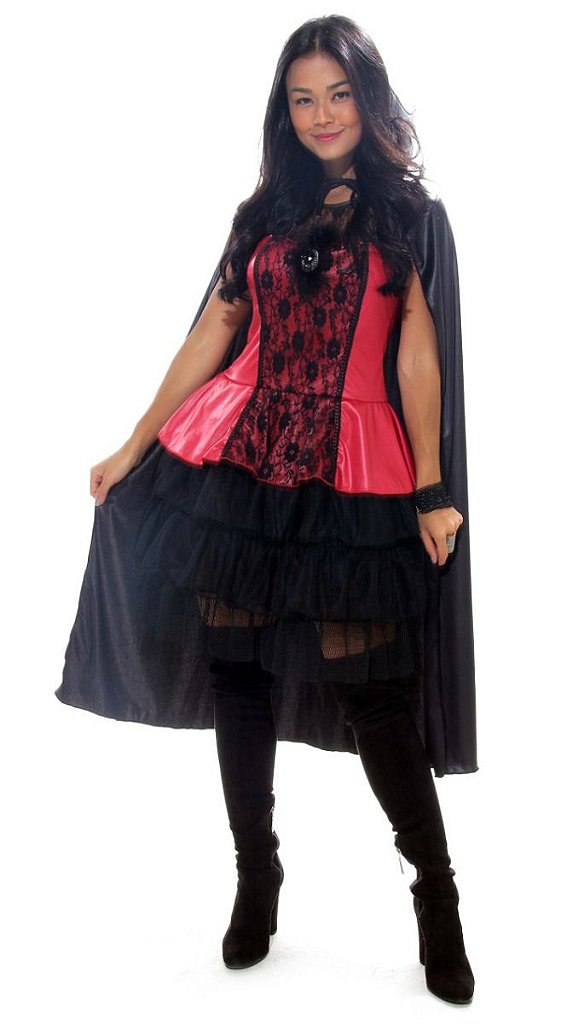 Fantasia de Halloween Feminina Vampira Chic com Capa