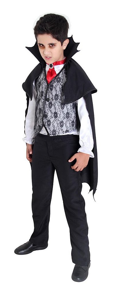 Fantasia Infantil Halloween Roupa Vampiro Drácula Com Capa