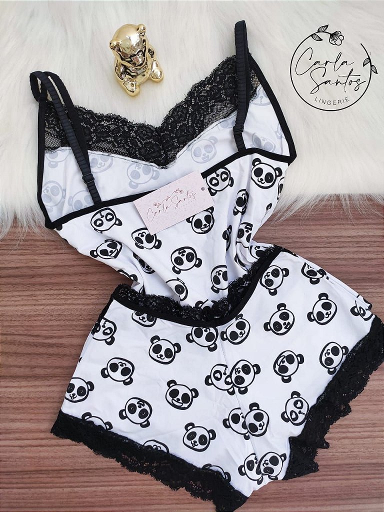 Babydoll Microfibra e renda Estampado Panda Carla Santos As