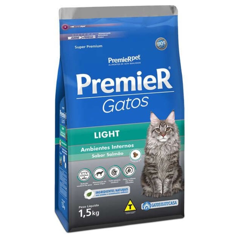 Premier Ambientes Internos Gato Adulto Light 7,5Kg - O seu pet