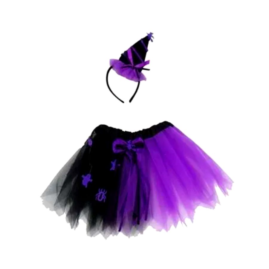 Kit Fantasia Bruxinha Saia Tule e Tiara com aplique Roxo/Preto