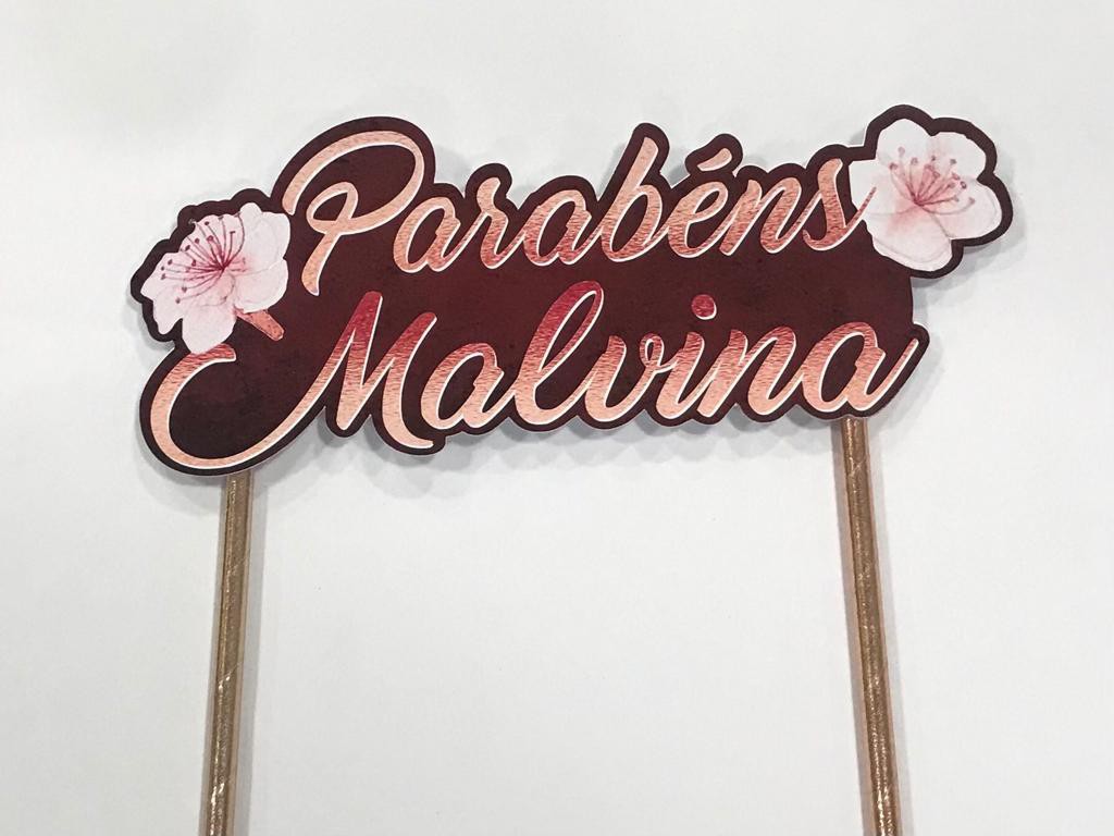 Topo / Topper de Bolo Adulto Feminino Coração Nome Flores 3d