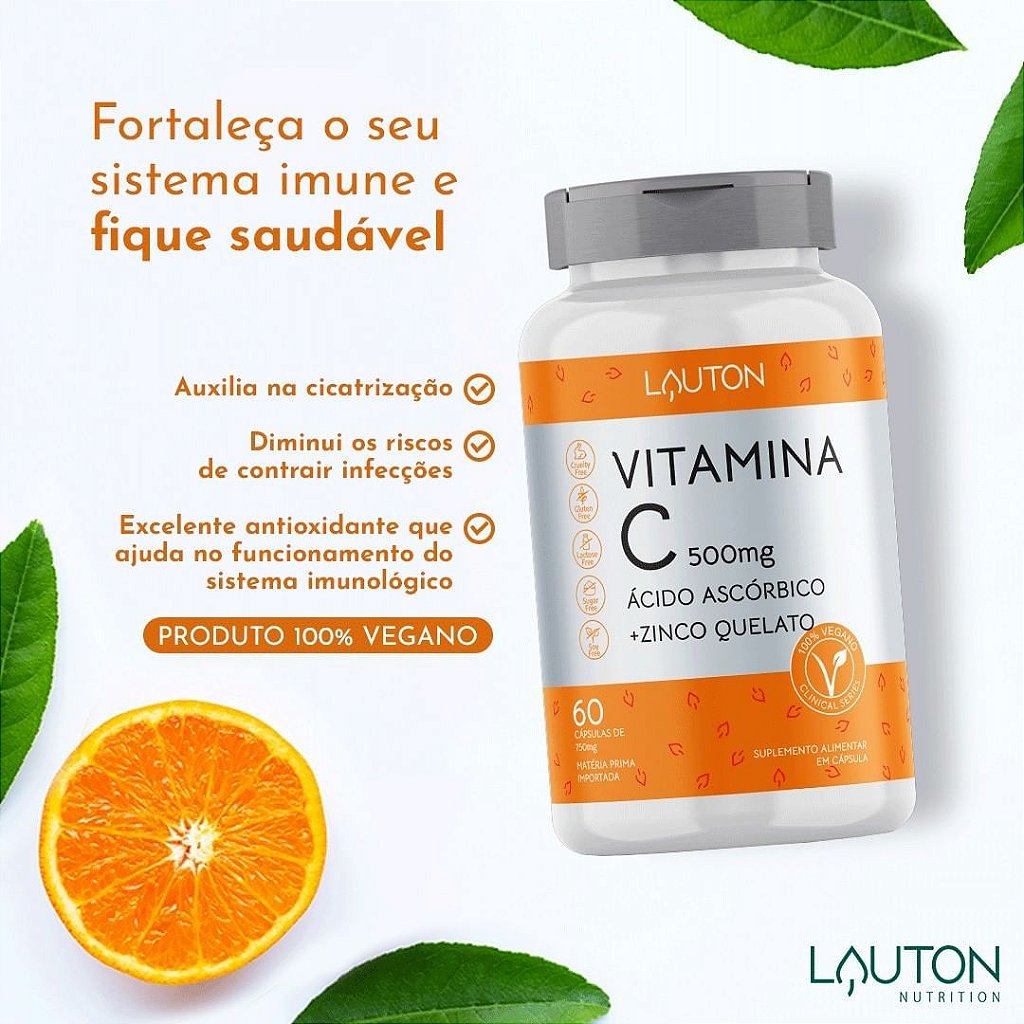 Vitamina C 500mg com Zinco Quelato Vegano Lauton - 60 caps - As