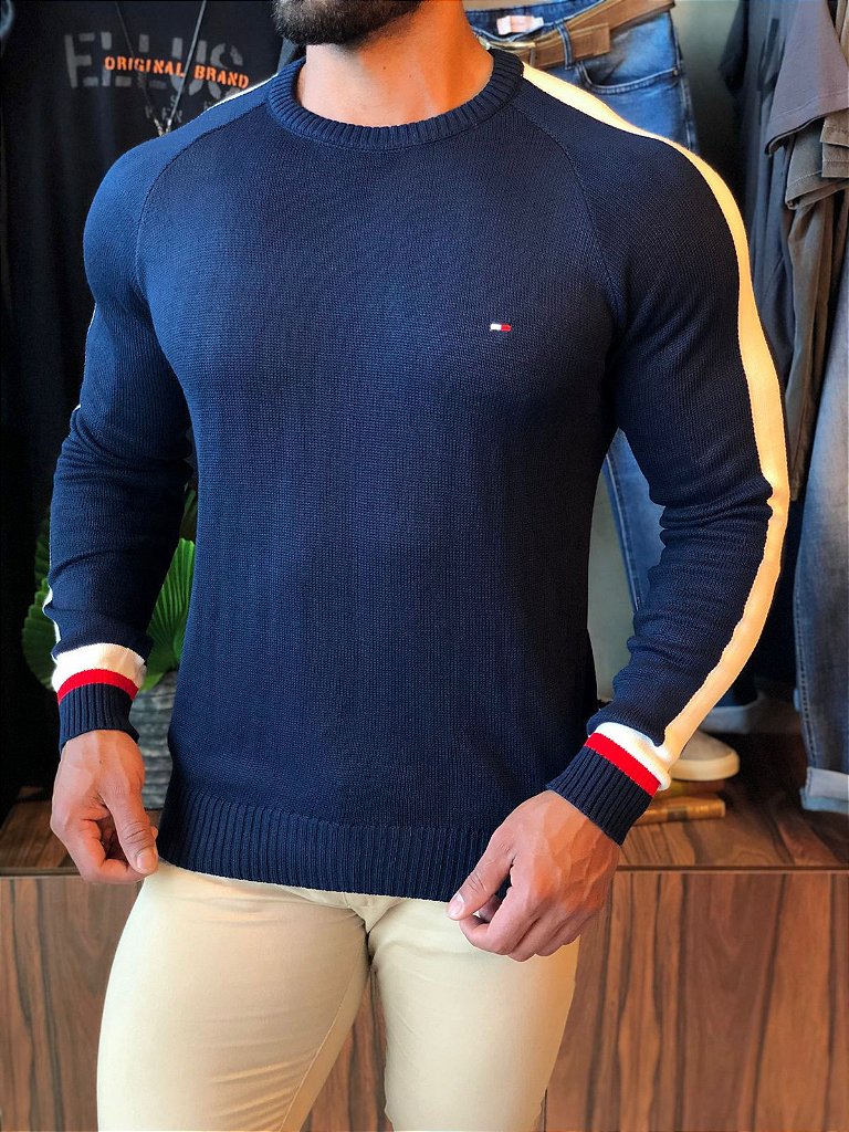 SUETER TOMMY HILFIGER MASCULINO AZUL MARINHO FRISOS LATERAL - HENRI STORE  MULTIMARCAS
