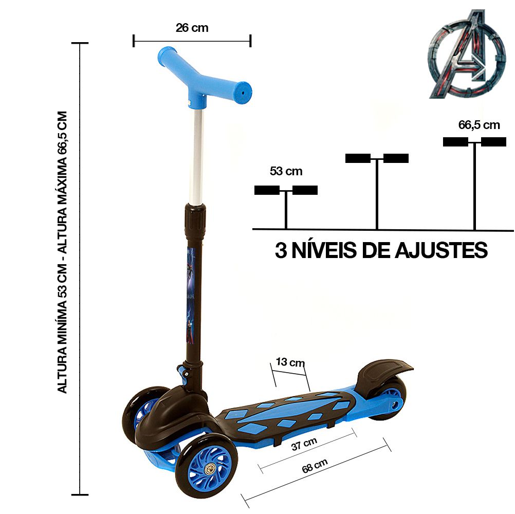 Patinete Thor Marvel 3 Rodas Ajuste de Altura Azul - DM Radical