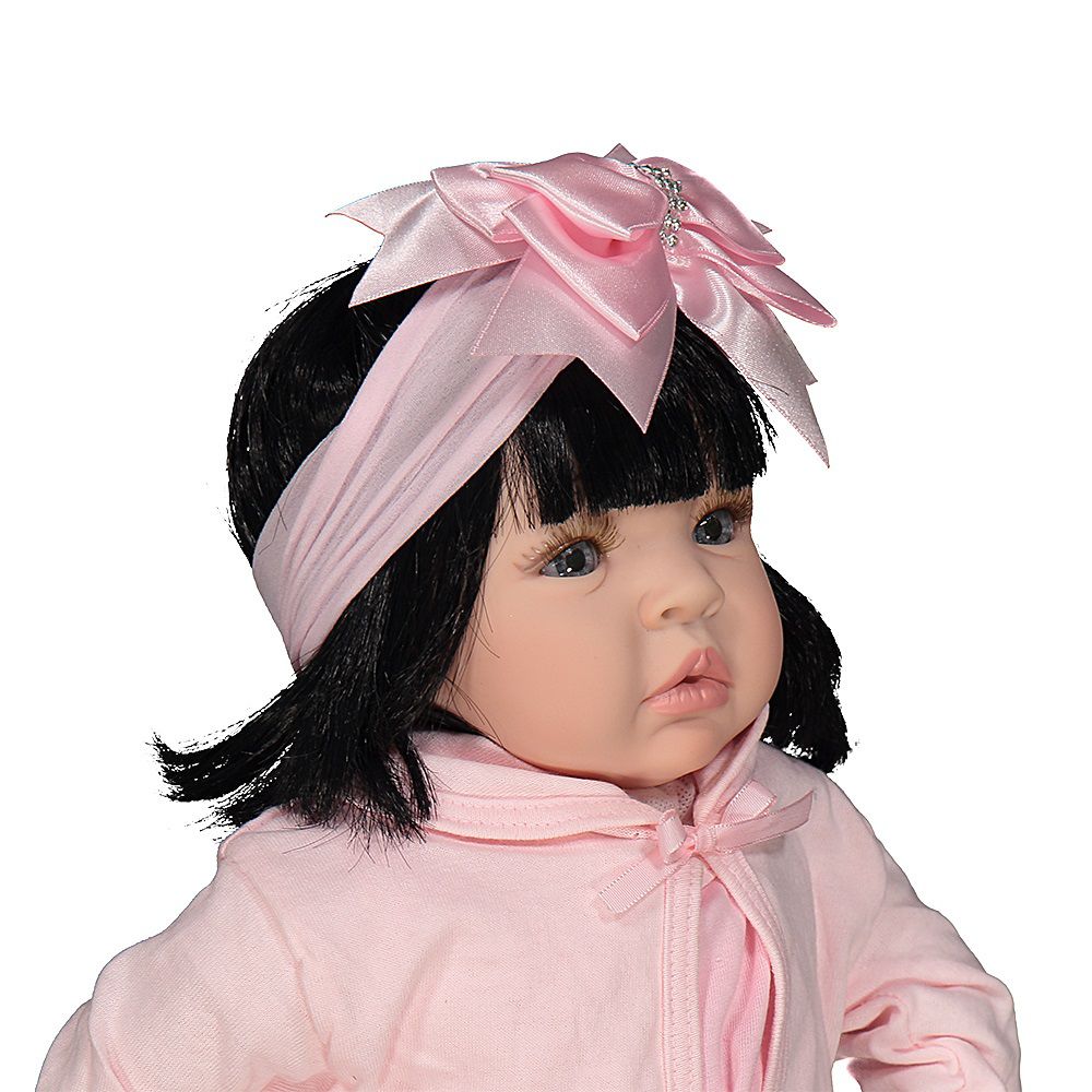 Boneca bebe reborn morena com cilios roupa rosa 16 itens