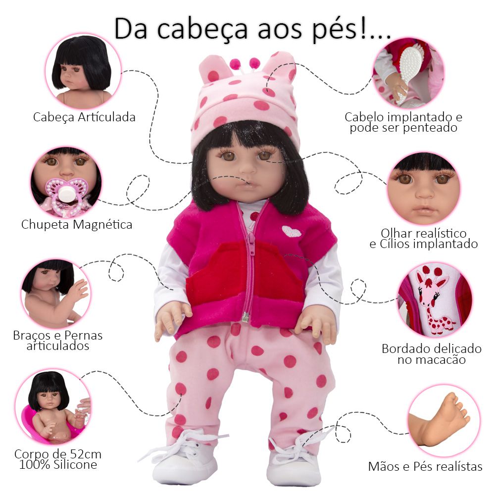 Boneca Bebê Reborn Realista Roupa de Girafinha 100% Silicone - USA