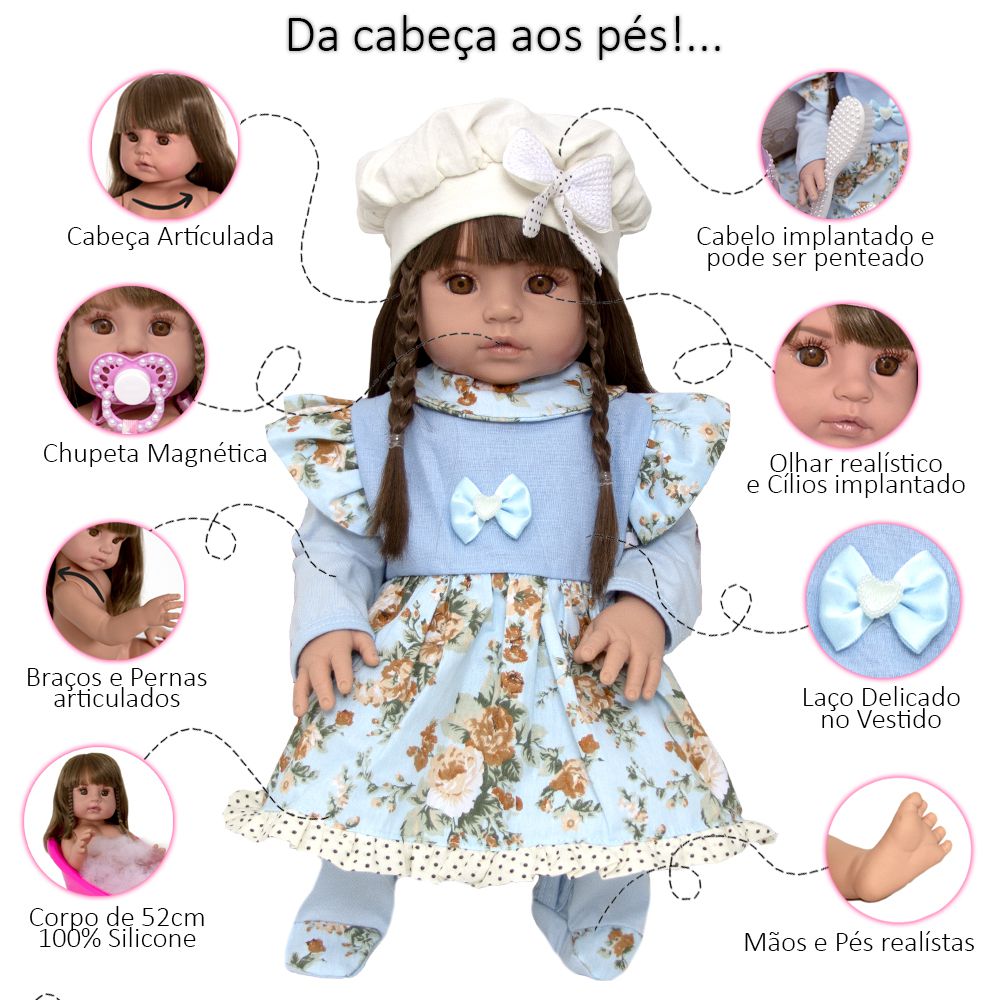 Boneca Bebê Reborn Silicone Cabelos Castanhos Roupa Azul no Shoptime