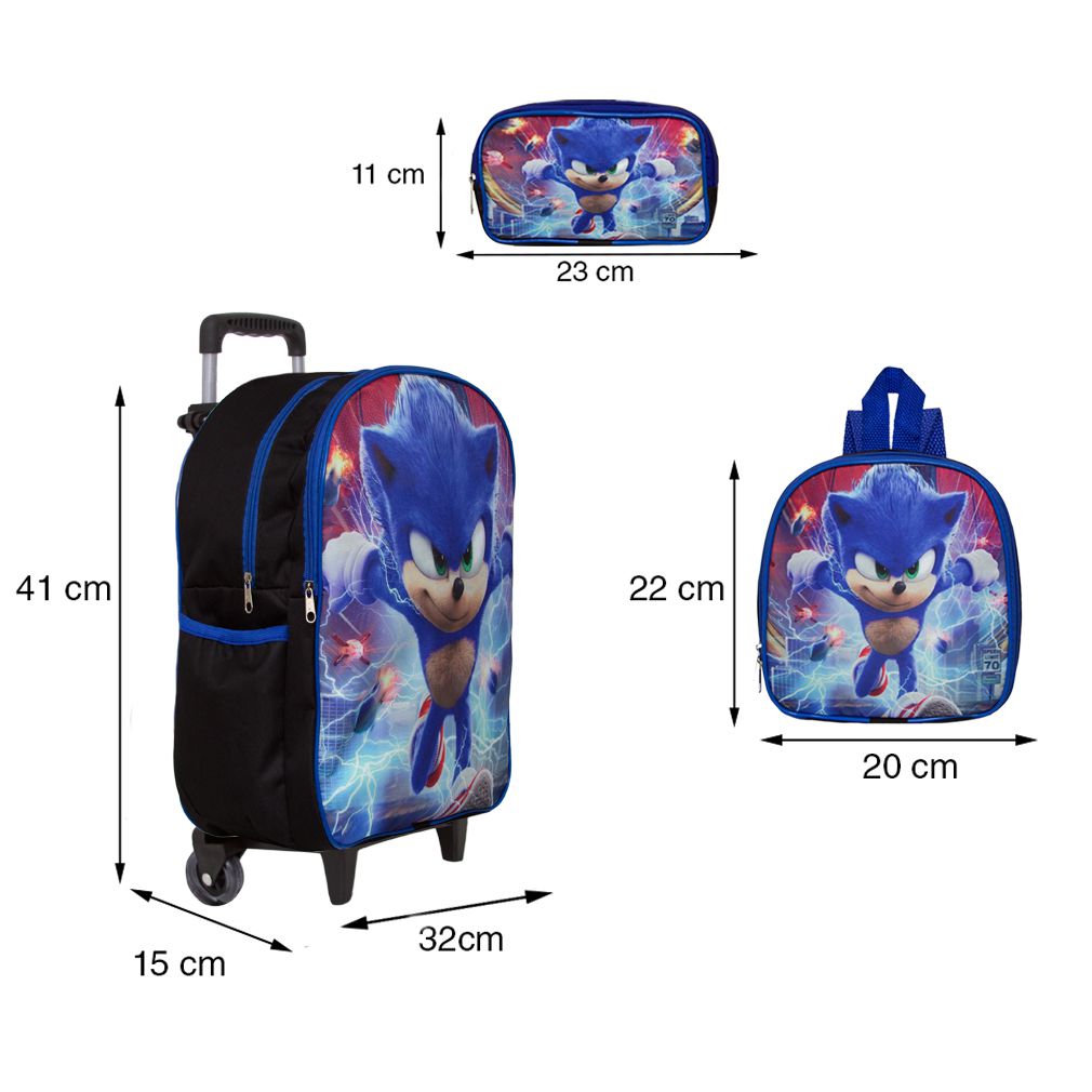 Mochila Escolar Juvenil Menino Sonic Jogo Lancheira Estojo na