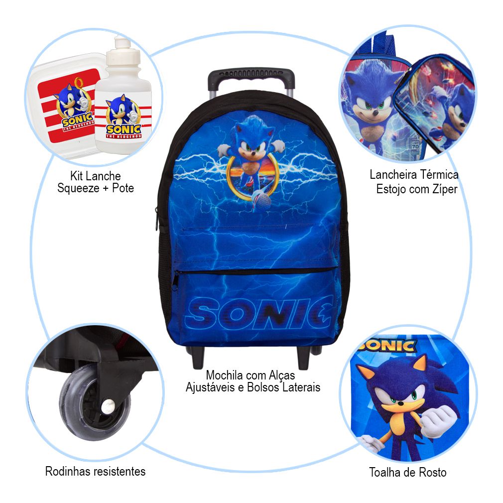 Kit Mochila Infantil Grande Menino Sonic O Filme com Toalha - Chic