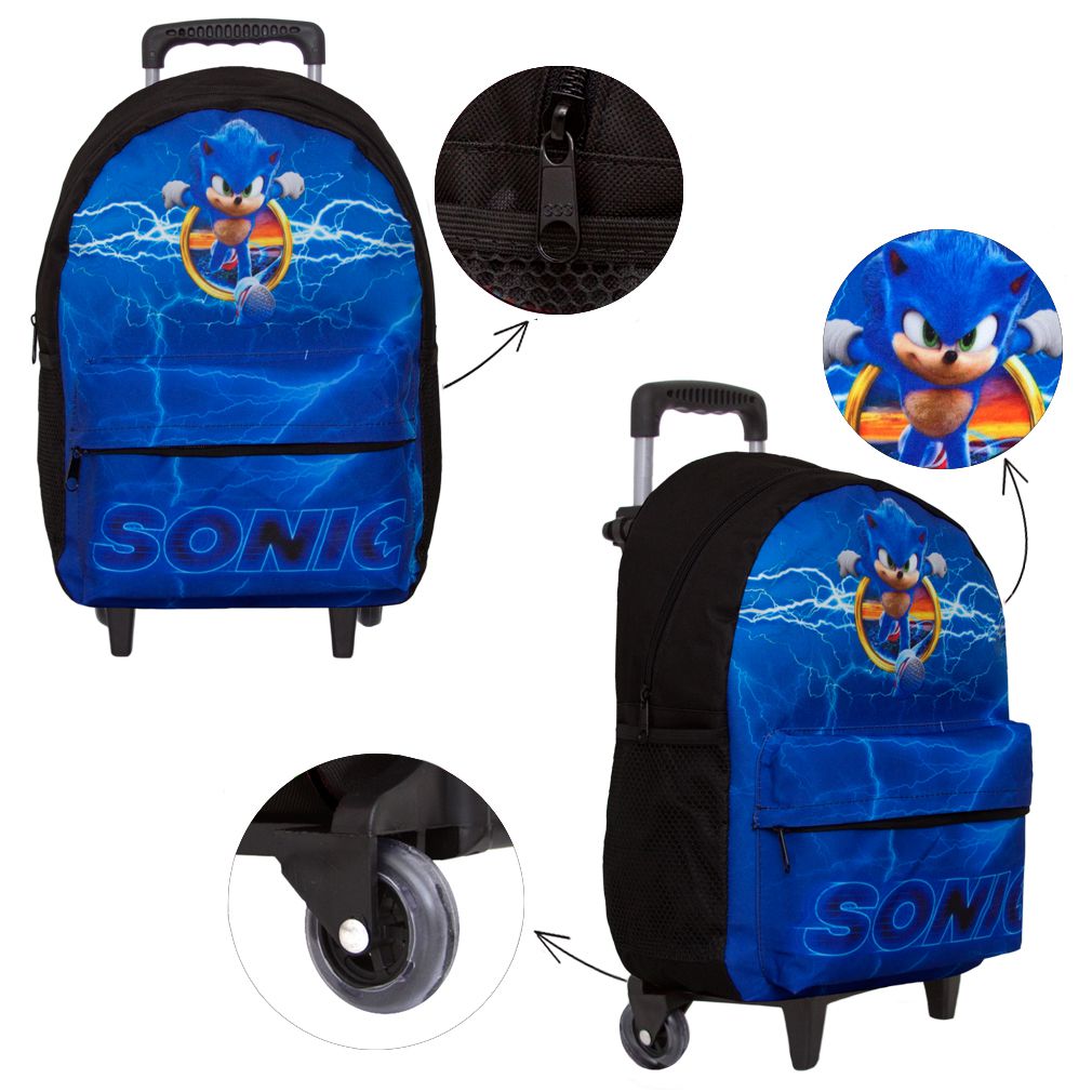 Kit Mochila Infantil de Rodinhas Menino Jogo Sonic Toys 2U