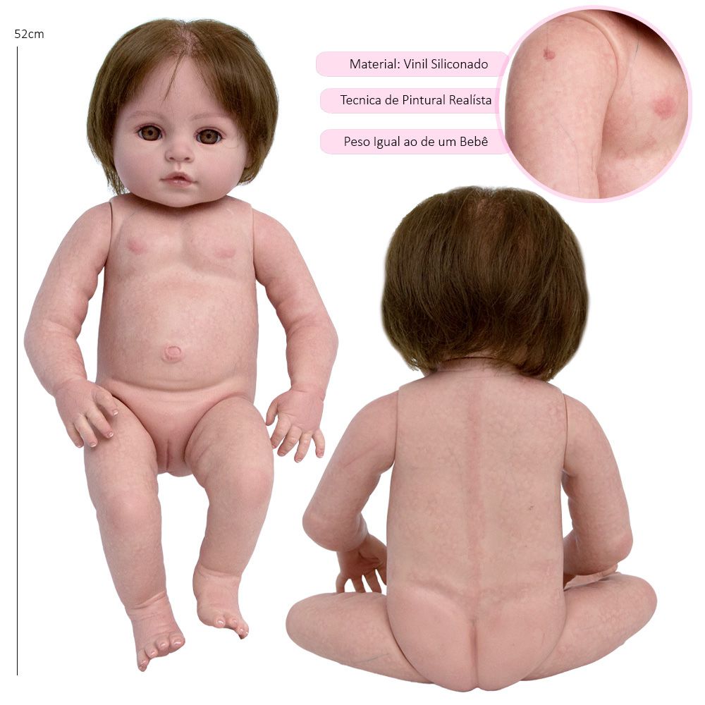 Boneca bebé Reborn 50/60cm Vinil e Silicone com indos cabelos