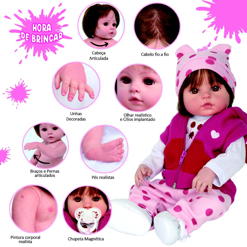 Boneca Bebê Reborn De Silicone Cabelo Fio a Fio Pode Banho - USA Magazine