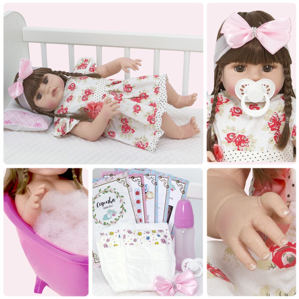 Bebê Reborn Baby Boneca Cabelos Castanhos + Enxoval Completo