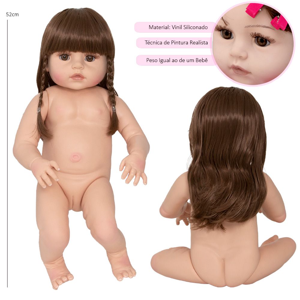 Bebê Reborn Baby Boneca Cabelos Castanhos + Enxoval Completo