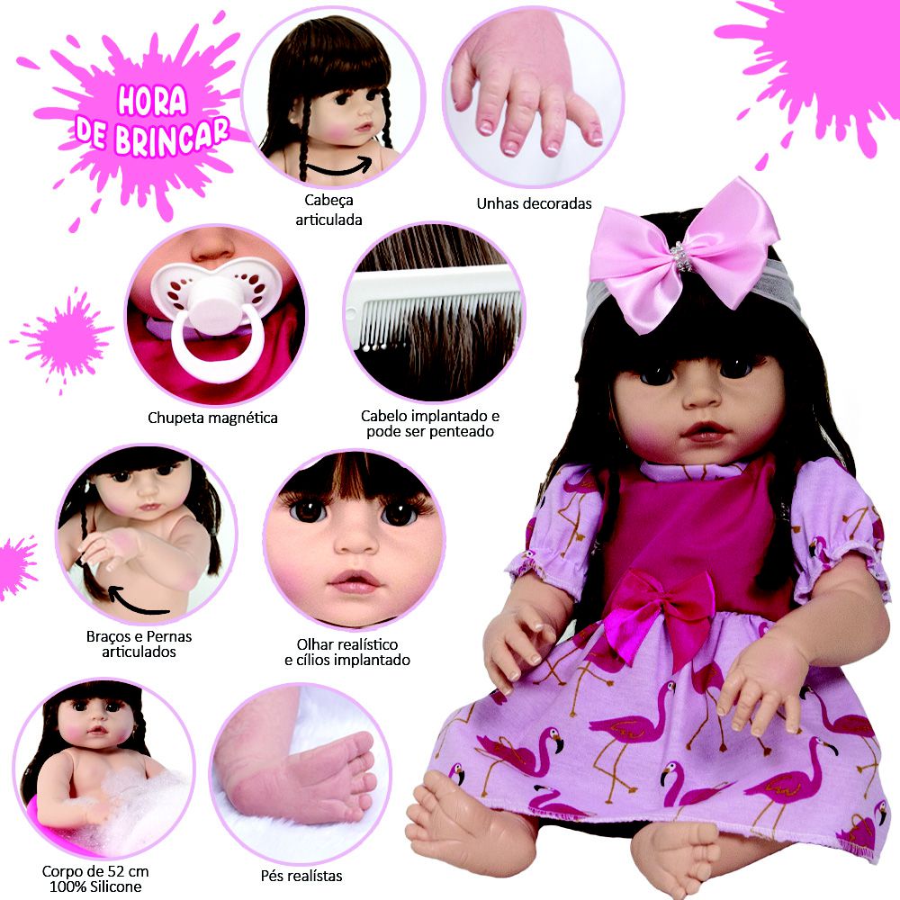 Bebê Reborn Baby Boneca Cabelos Castanhos + Enxoval Completo