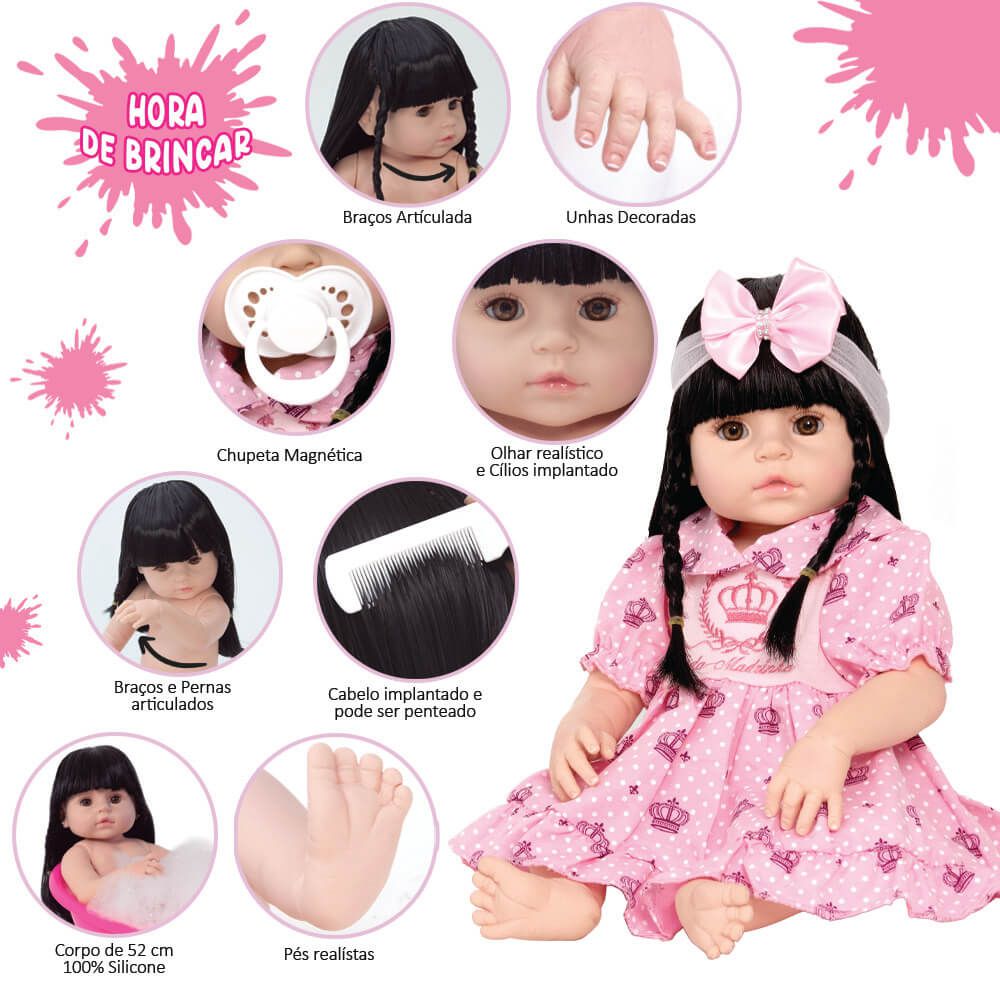 Boneca Bebê Reborn Recém Nascida Morena Vários Acessórios - ShopJJ -  Brinquedos, Bebe Reborn e Utilidades