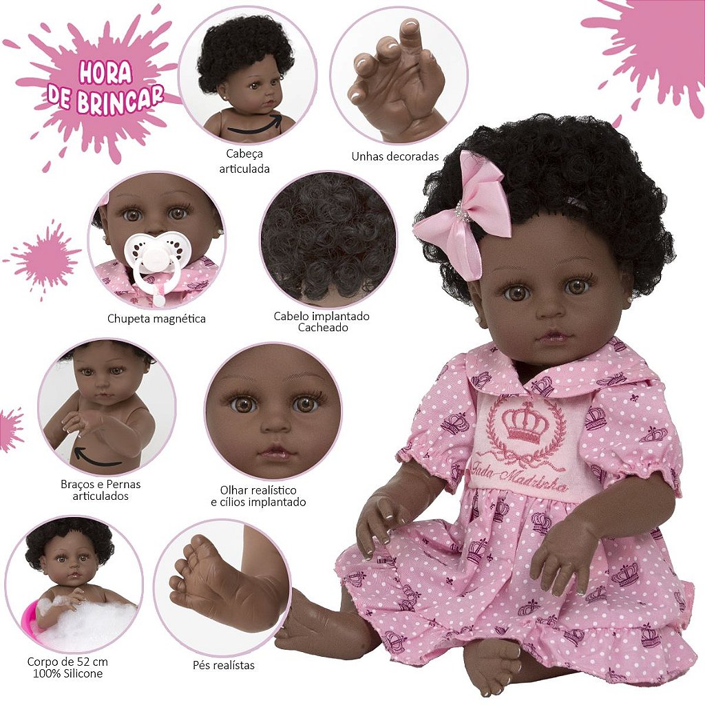 Boneca Bebê Reborn Realista Negra 20 Itens Bolsa Maternidade - USA Magazine