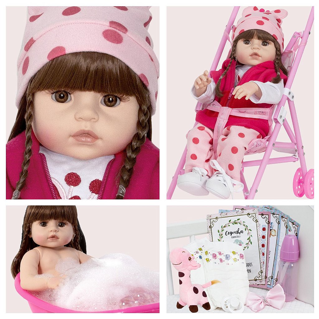 Boneca Bebê Reborn Girafinha Menina Silicone 48cm Olhos Cast na