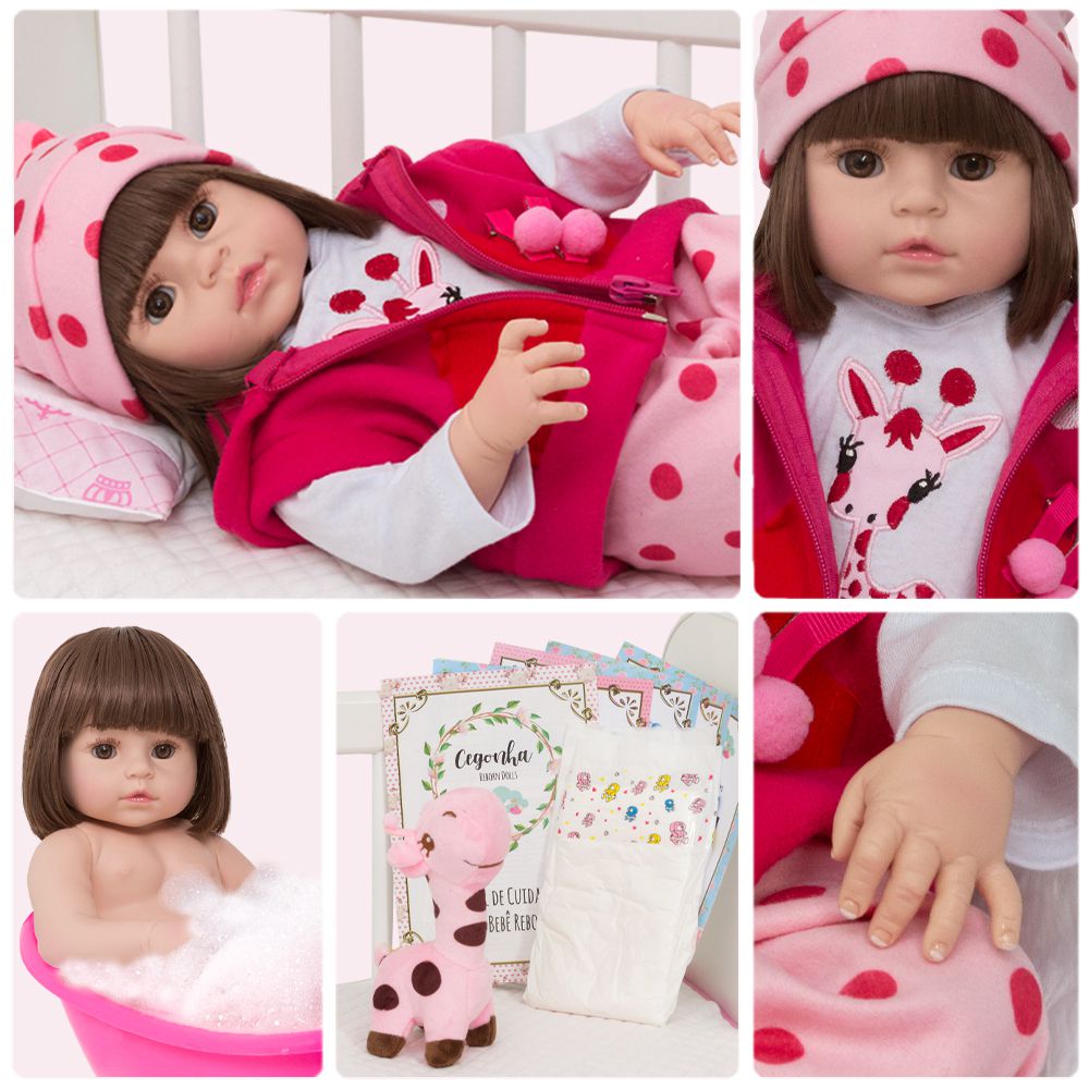 Boneca Bebê Reborn Silicone Olhos Castanhos Girafinha Selo Inmetro